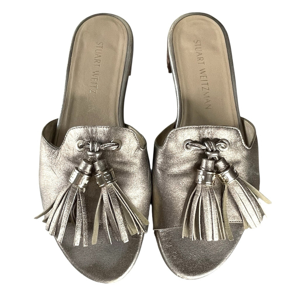 Stuart Weitzman Metallic Silver Leather Tassel Slide Sandals